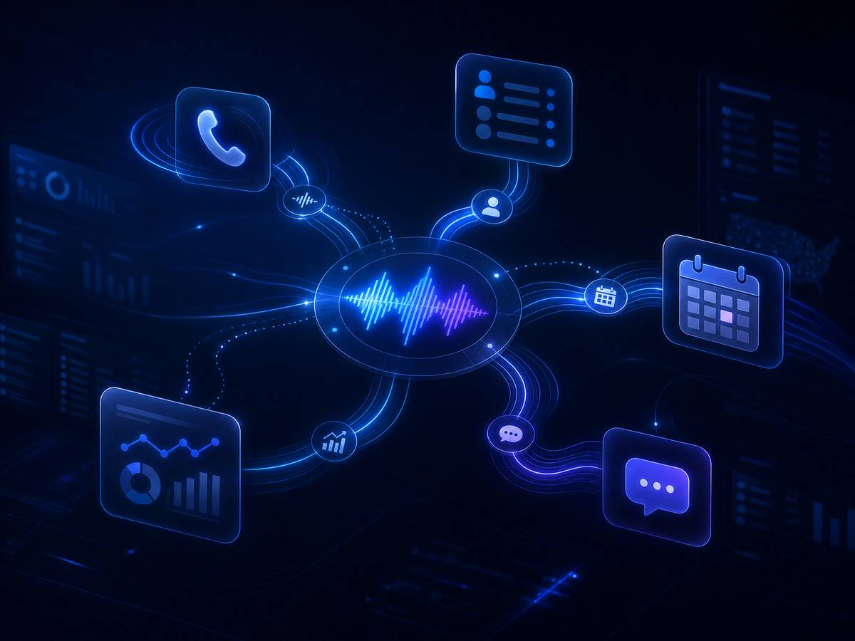 AI automation system connecting calls, CRM records, calendar booking, messaging, and analytics