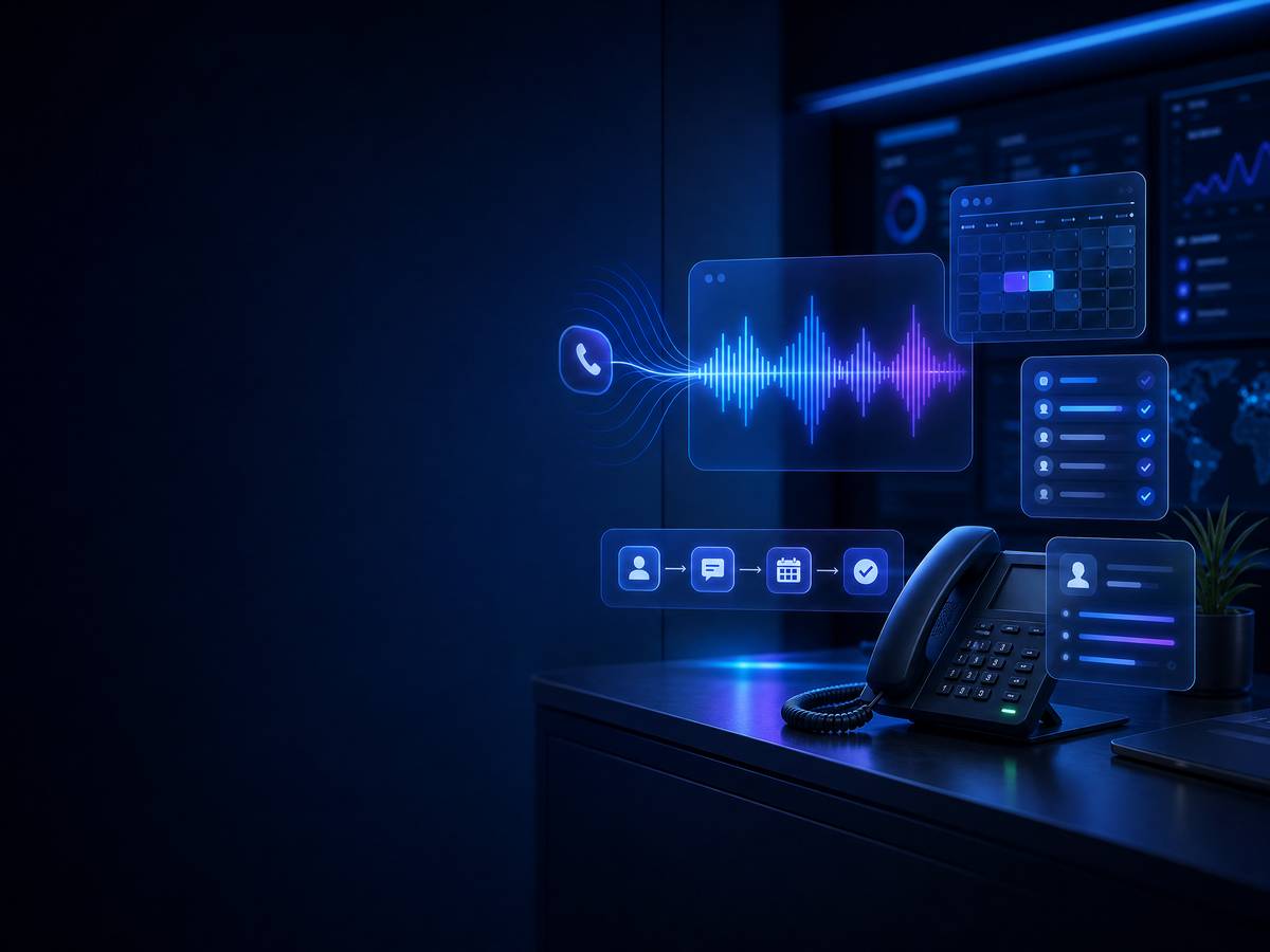 Service business call operations visual showing an incoming call, appointment workflow, and lead records