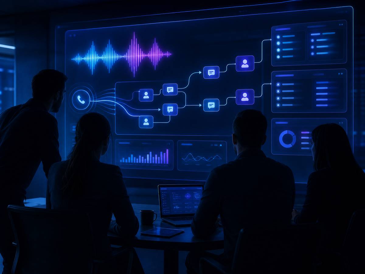 Implementation team collaborating around an AI call-flow dashboard