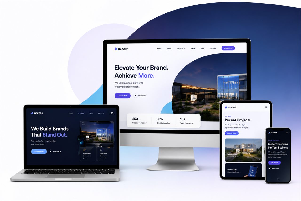 Responsive website design displayed on desktop, laptop, tablet, and mobile screens
